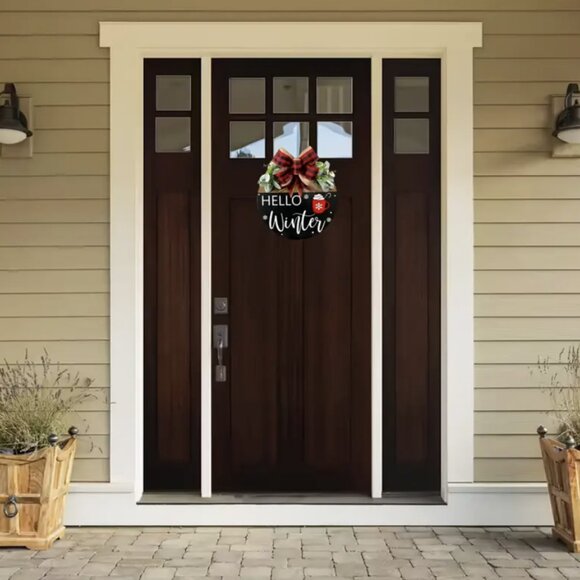 Hello Winter Front Door Hanging Sign Festive Holiday Bow Decor Wood Wreath 11.8" - Picture 5 of 5